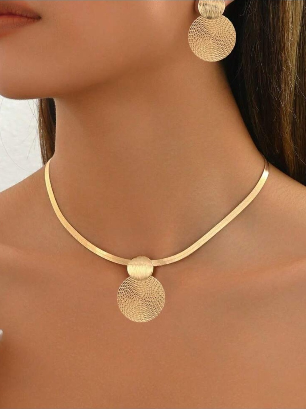 Textured Gold Disc Pendant Choker Necklace
